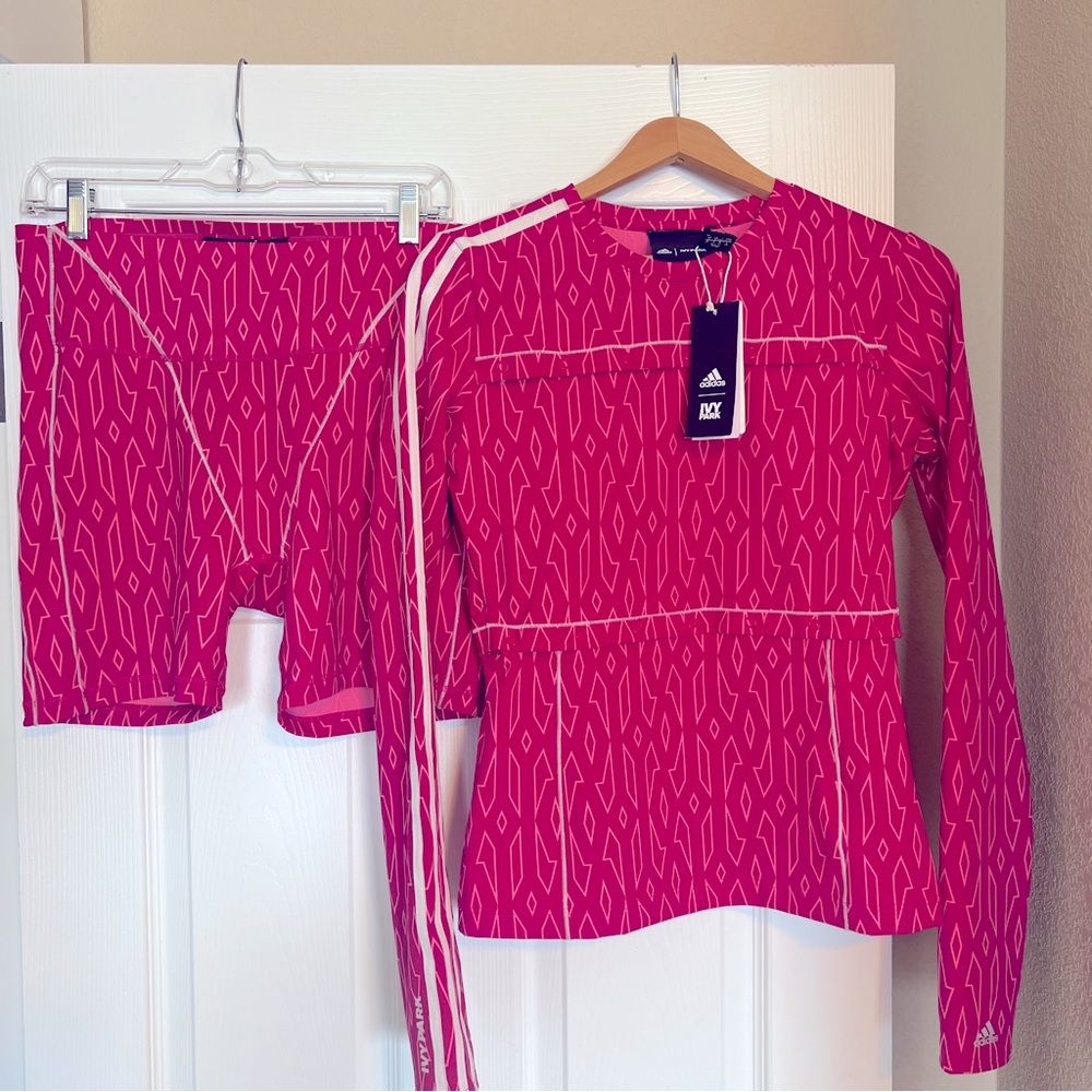 adidas Women’s Pink Long Sleeve Athletic Top and Shorts Set